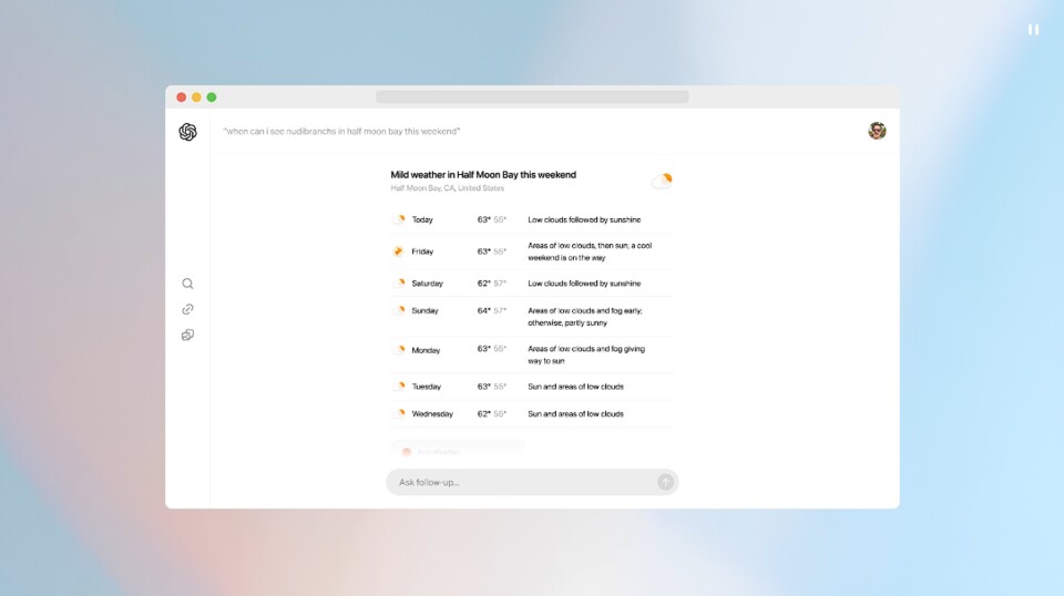 So könnten die Ergebnisse aussehen, wen ihr SearchGPT nach dem Wetter fragt. (Bild: OpenAI)