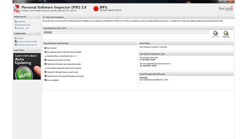 Das Secunia PSI-Dashboard : Secunia PSI startet und scannt den Rechner nach problematischer Software.