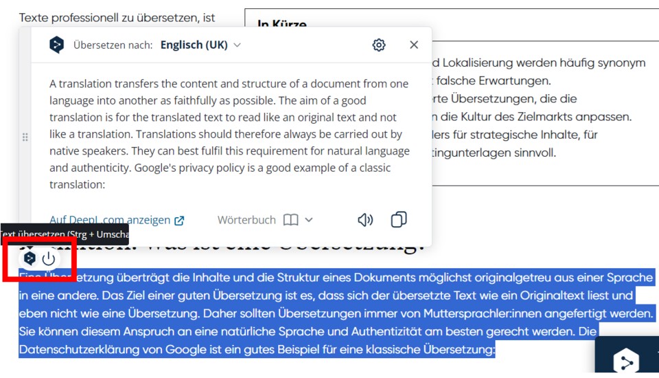 Im Bild: DeepLs Browser-Erweiterung für Google Chrome im Einsatz. Zuerst markiert ihr einen Text, dann wird er euch über ein gesondertes Fenster in die Zielsprache übersetzt.