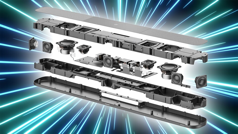 Drei nach vorne, zwei zur Seite und vier nach oben - zwei davon sind Woofer. Die Sennheiser AMBEO Soundbar Plus ist ein richtiges Gesamtpaket.