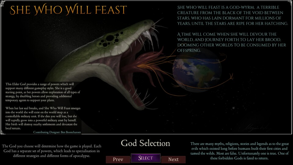 Zu Spielbeginn habt ihr die Wahl zwischen sechs verschiedenen Göttern - unter anderem dieser Riesenschlange.