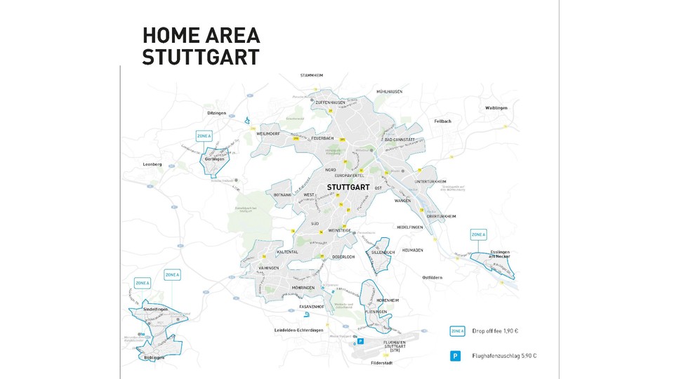 Das Geschäftsgebiet von Share Now deckt das Zentrum von Stuttgart und einige Ballungsgebiete am Rand ab.