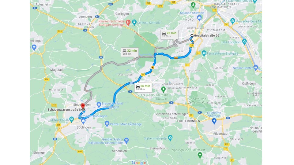 Die Route nach Sindelfingen führt raus dem dem Geschäftsgebiet von Share Now in Stuttgart und rein ins Geschäftsgebiet von Sindelfingen.