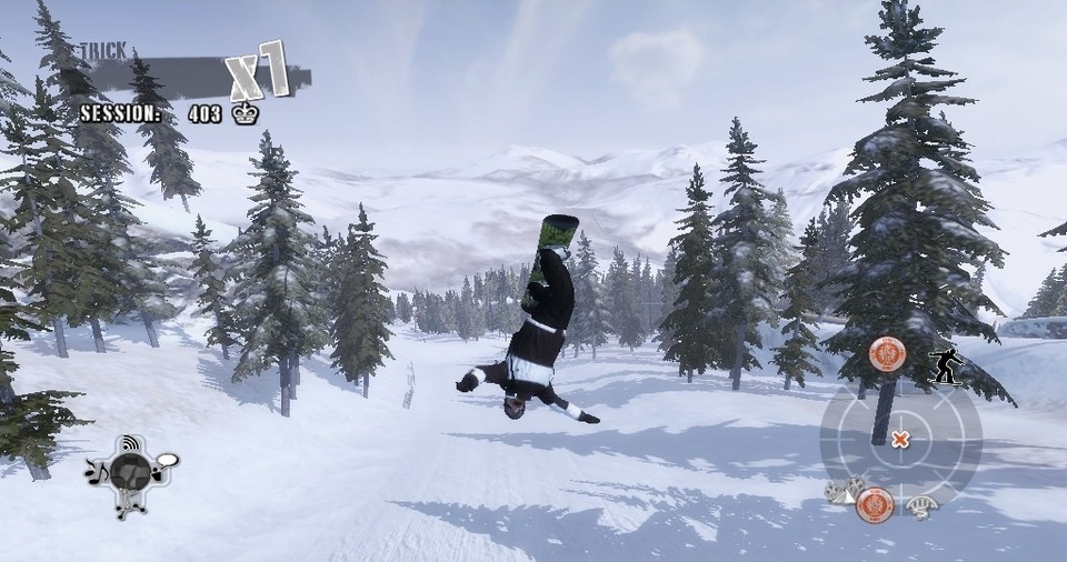 Sobald unser Wintersportler in der Luft ist, kann er die wildesten Tricks wie diesen Rückwärtssalto vollführen.