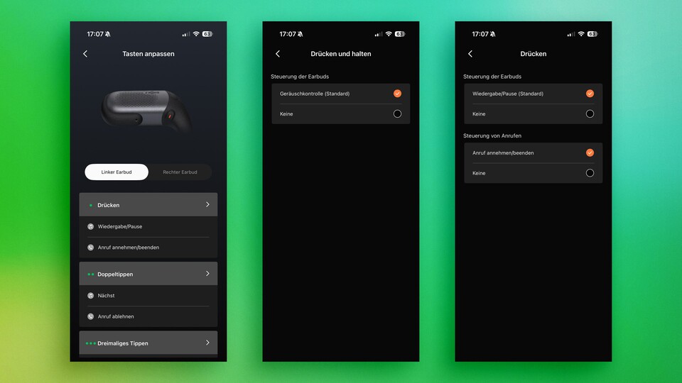 Über die Tasten könnt ihr beispielsweise die »ANC«-Funktion aktivieren und deaktivieren. (Bild: Patrick Schneider, GameStar Tech)