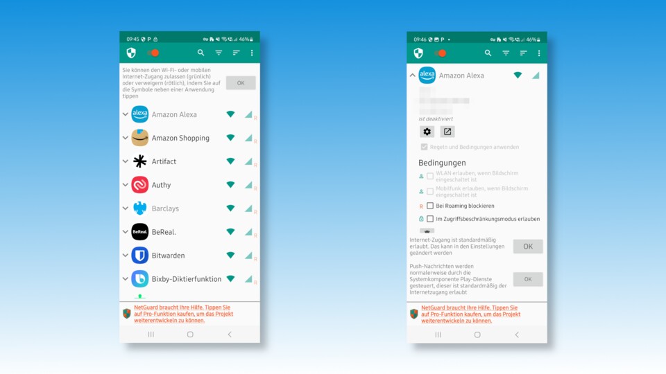 Mit NetGuard blockieren wir unerwünschten Datenabfluss.