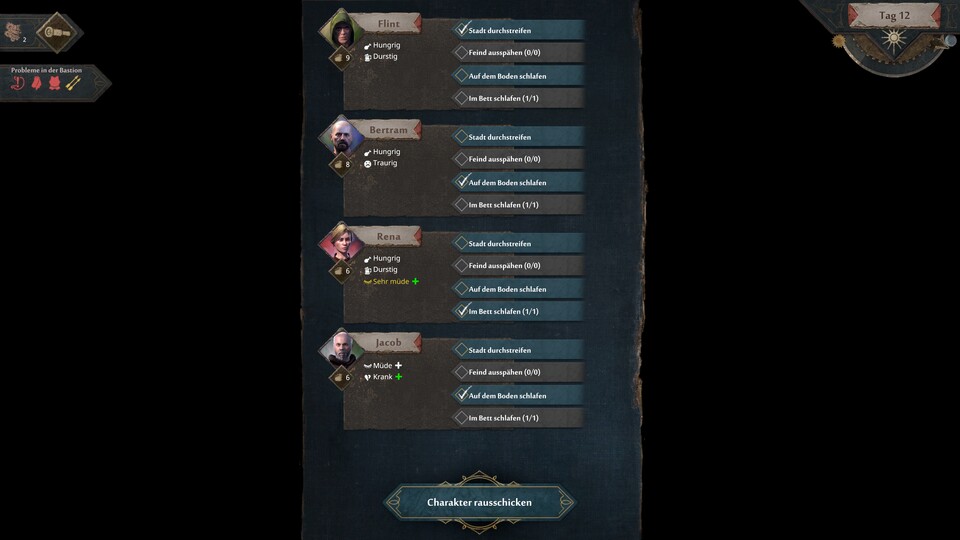 Bei Sonnenuntergang entscheide ich: Wer darf schlafen, wer sammelt Beute, wer späht den Feind aus?