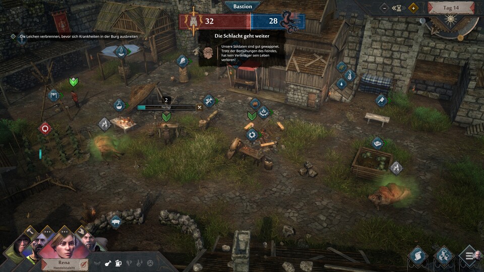 Die Einblendung oben zeigt: Gerade tobt eine Schlacht! Die Angreifer haben Tierkadaver über die Mauern geschleudert, die ich verbrennen muss, damit sie keine Krankheiten verbreiten. Aber dafür brauche ich Fackeln, die aus Holz und Fasern hergestellt werden wollen...