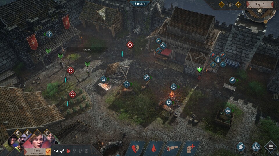 Das Lager im Burghof ist der Dreh- und Angelpunkt der Kampagne. Am Morgen wollen die Bewohner erst mal verpflegt und medizinisch versorgt werden, dann wird gearbeitet.