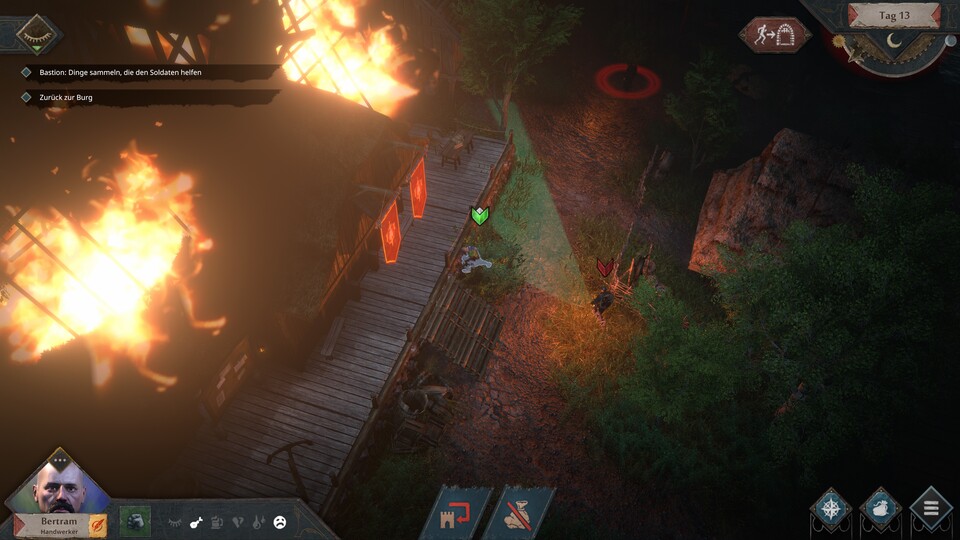 Beim Schleichen verstecke ich mich im Gebüsch vor einer Patrouille.