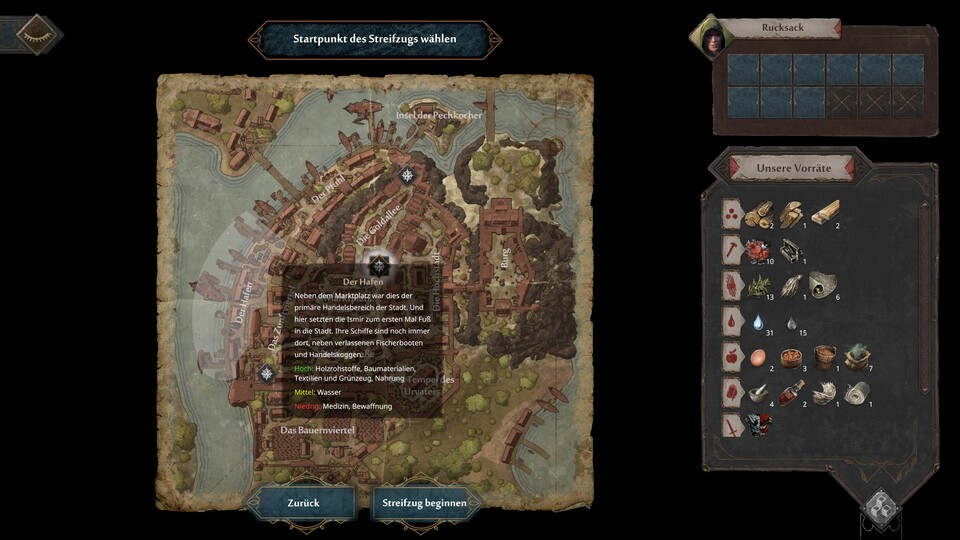 Jedes Stadtviertel bietet andere Beute, am Hafen gibt es mehr Holz, dafür aber weniger Waffen.