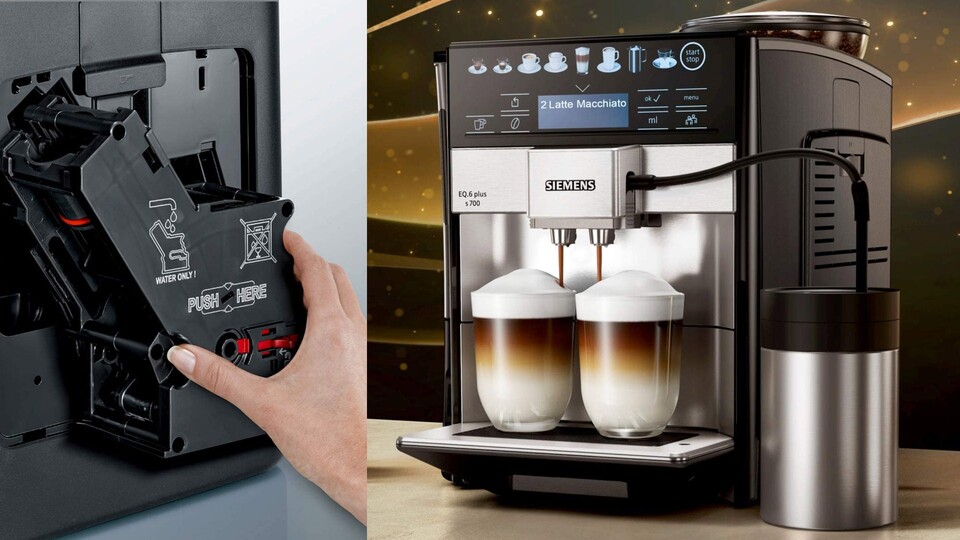 Ganz wichtig: Auch die Brüheinheit ist vollständig herausnehmbar. Der externe Milchbehälter für den Milchaufschäumer passt auch wunderbar ins Seitenfach vom Kühlschrank.