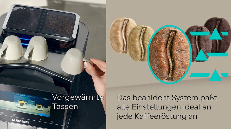 The Siemens EQ900 comes with smart functions such as a cup preheater or BeanIdent: Here your coffee beans are analyzed for the degree of roasting and the brewing process is adjusted accordingly.