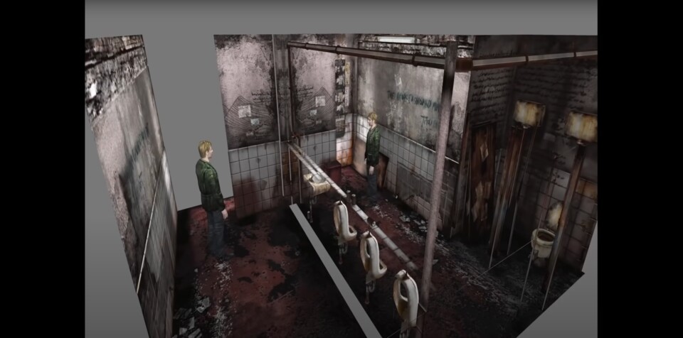 Spiegelungen werden beim Rasterizing in der Regel durch einfallsreiche Tricks der Entwicklerstudios erzielt. In der Eröffnungsszene aus Silent Hill 2 beispielsweise, wurde der Raum einfach gespiegelt und ihr steuert zwei Charaktere gleichzeitig – einen davon spiegelverkehrt. (Quelle: YouTube, Shesez, Boundary Break)
