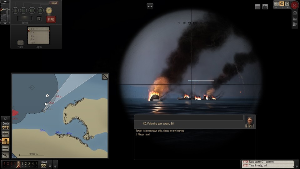 Direkter Treffer! Unser Torpedo hat den feindlichen Kreuzer erwischt.