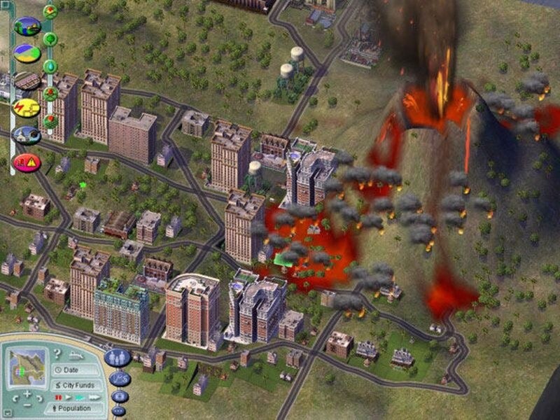 3D-Engine : Dank seiner 3D-Engine bietet SimCity 4 frei verformbares Terrain, wie dieser ähm...Vulkan…im Zentrum unserer Kleinstadt unter Beweis stellt. 