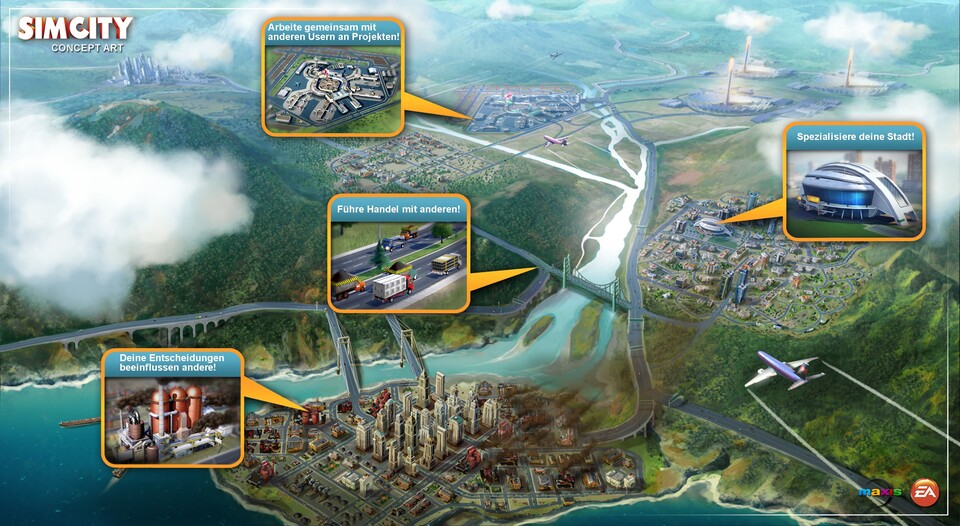 Auf dieser Konzeptzeichnung sehen die Stadtgrenzen relativ natürlich aus. Tatsächlich ist in SimCity allerdings vieles (zu) quadratisch.