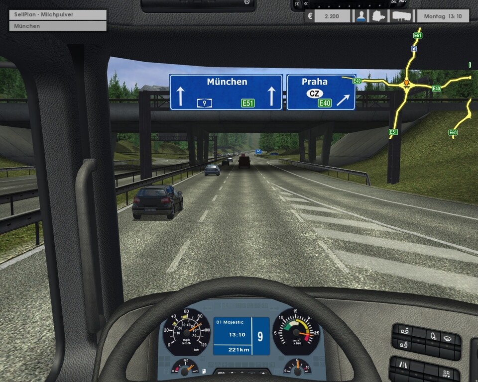 Der Euro Truck Simulator ist eine der spielerisch besten Simulationen. Hier sind wir gerade im Brummi auf demWeg nach München.