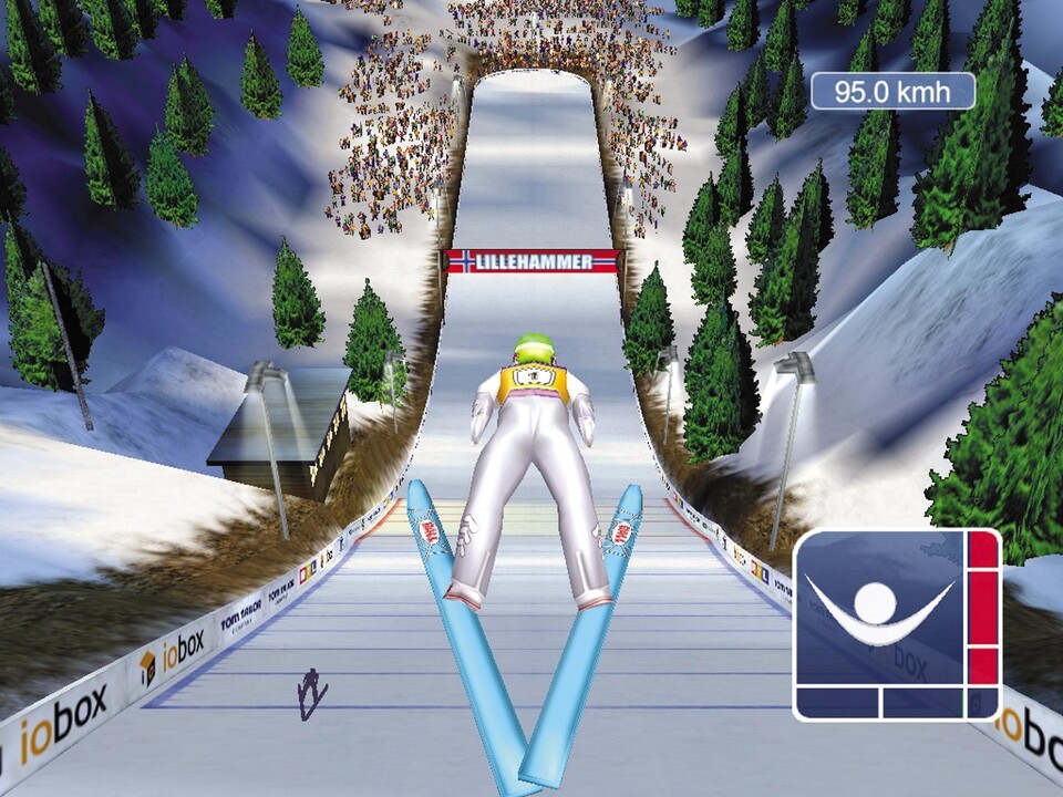 Fertig machen zur Landung in Lillehammer. Die schlichte Anzeige rechts gibt Auskunft über Balance und den Abstand zum Boden.