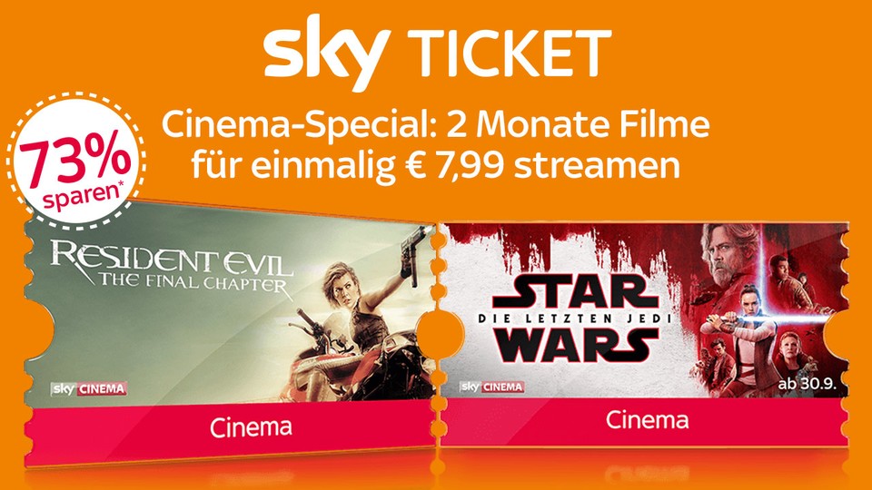 Sichert euch Film-Blockbuster, indem ihr euch zwei Monate Sky Cinema Ticket für einmalig 7,99 Euro schnappt.