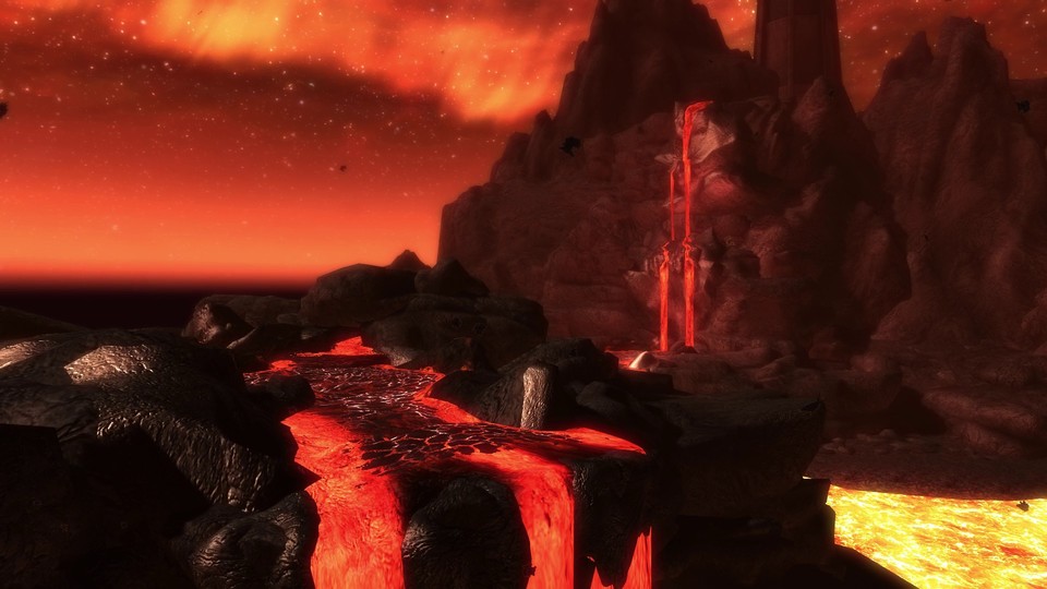 Skyblivion inszeniert die Oblivion-Welten mit schicken Lavaflüssen auf extrem bedrohliche Art und Weise.
