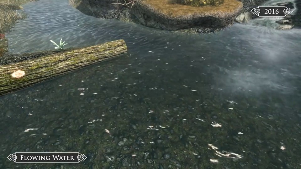 Eine der interessantest Detailverbesserungen der Skyrim Special Edition ist das Wasser. Dieses fließt nun korrekt um Hindernisse wie diesen Baumstamm im Fluß.