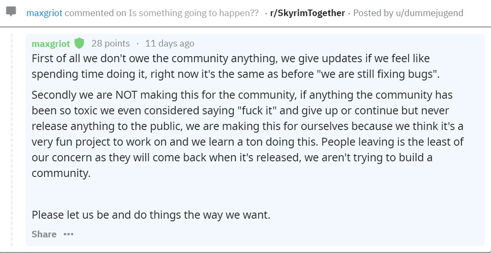 Entwickler von Skyrim Together: Kontroverses Statement auf Reddit.
