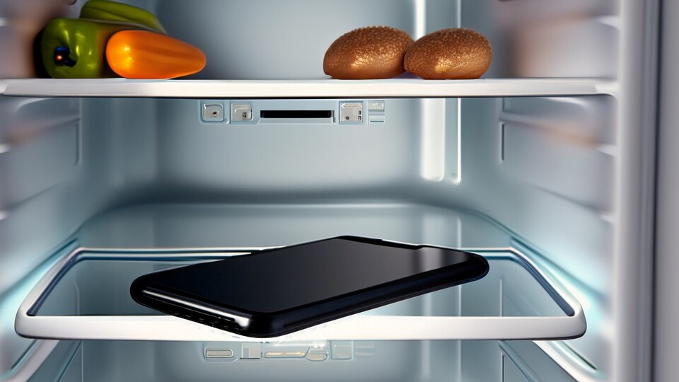 Keine gute Idee: Das Smartphone im Kühlschrank abkühlen. Mehr dazu weiter unten. (Bild: Adobe Firefly)