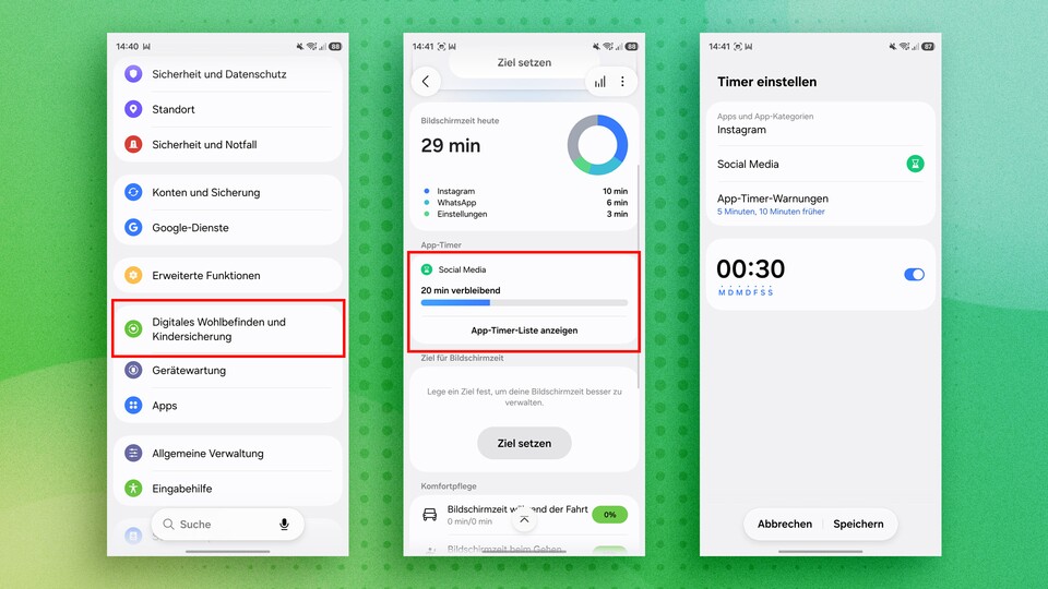 Das Dashboard ist der Dreh-und-Angelpunkt für derartige Funktionen. Hier seht ihr neben der aktuellen Bildschirmzeit auch den Durchschnitt vergangener Wochen (oben rechts das Statistik-Icon).