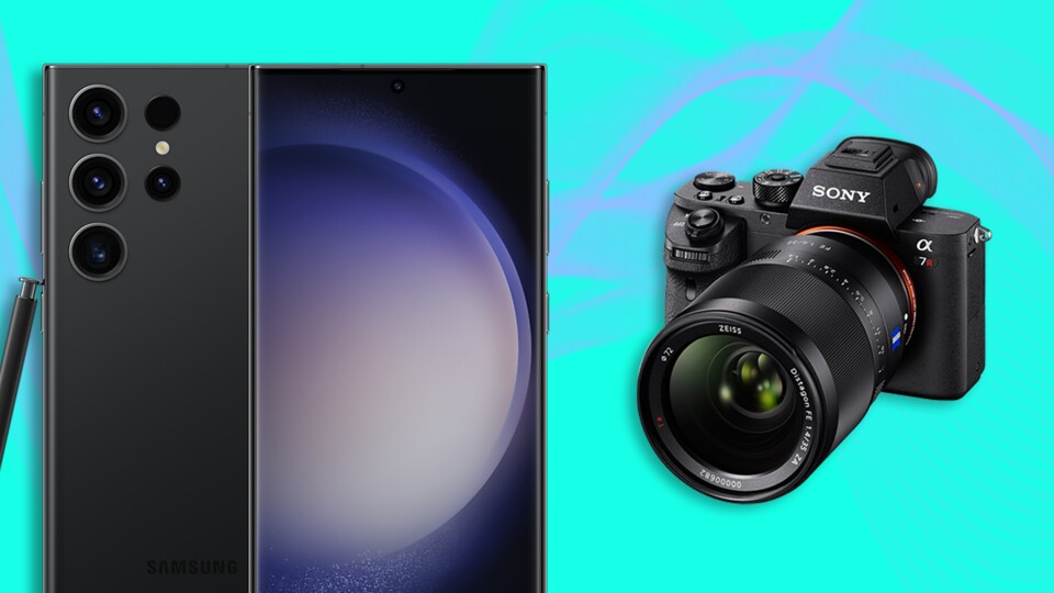 Links: Das Samsung Galaxy S23 Ultra mit einer 200 Megapixel-Hauptkamera. Rechts: Die Sony Alpha 7R II mit »nur« 42,4 Megapixel. Schießt das Samsung-Handy daher bessere Fotos? (Bild: Samsung Sony)
