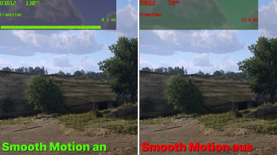 Die KI-generierten Bild führen links zu der sprunghaften Anzeige in der Frametime-Grafik und der Angabe von 0,3 Millisekunden als Render-Zeit, weil sie nicht auf klassischem Weg über die Render-Pipeline der GPU erstellt werden.