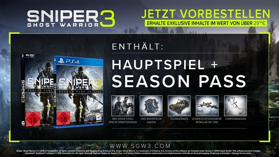 Vorbesteller von Sniper: Ghost Warrior 3 erhalten den Season-Pass als Geschenk.