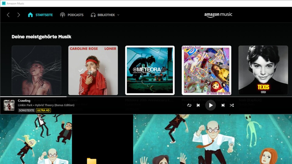 Im Bild: Hier habe ich mittels Tastenkombi [Windows-Taste] + [Pfeiltaste rauf] das Fenster von »Amazon Music« nach oben geschoben.