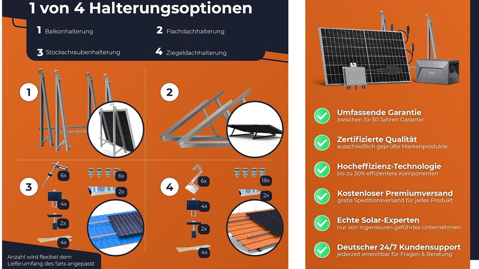 Stromspeicher, Solarmodule, Kabel, Wechselrichter: Dieses Komplettset hat alles, was ihr für die Montage braucht.