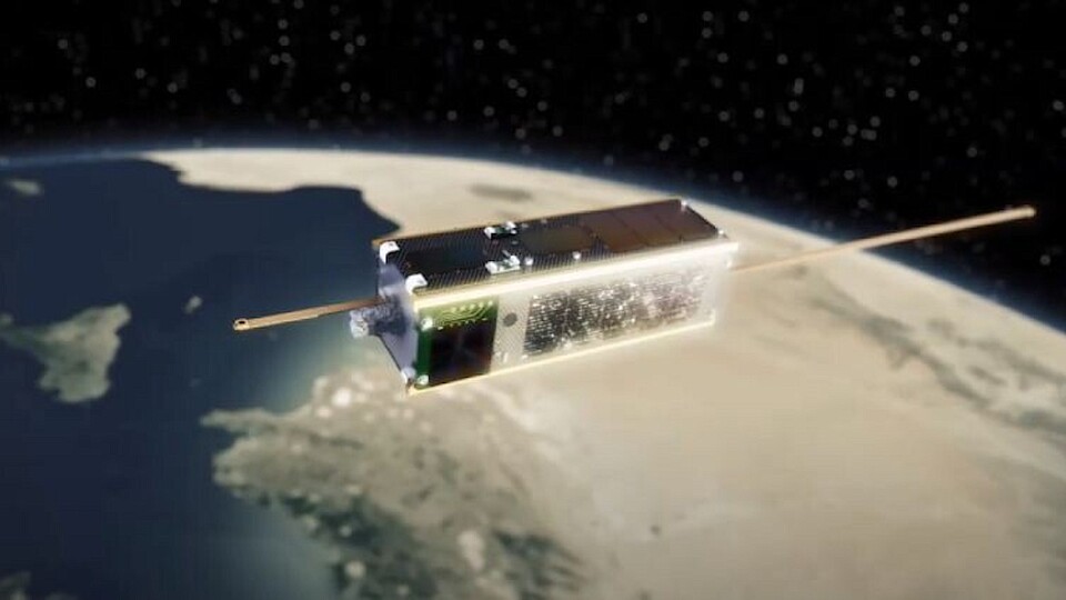 Dieses Konzeptbild zeigt den Satelliten AlSat-1N mit den neuartigen Solarzellen im Einsatz. (Bild: surrey.ac.uk)