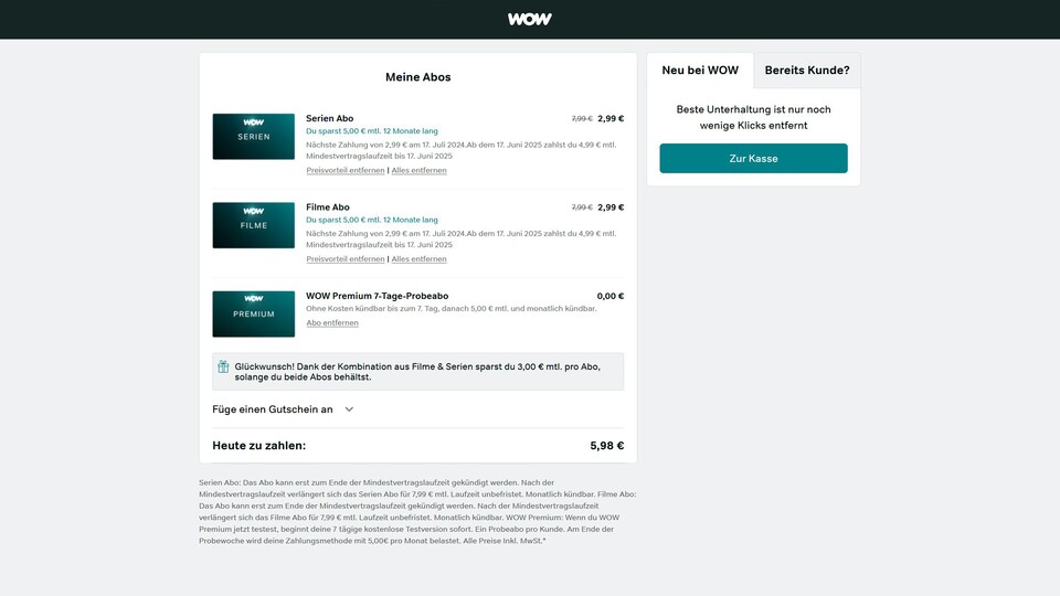 Das Vorteilspaket bei WOW hat eine Mindestvertragslaufzeit. Wollt ihr das nicht buchen, müsst ihr es händisch aus dem Warenkorb entfernen.