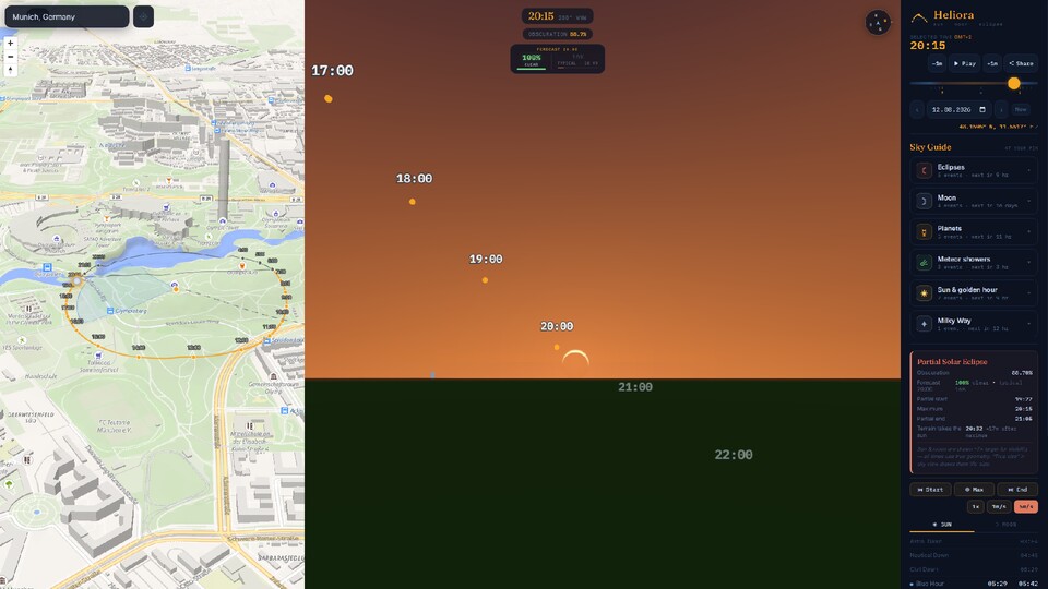 Auf der Karte der Heliora-App lässt sich der Sonnenverlauf verfolgen – etwa im Olympiapark in München. (Bildquelle: GameStar Tech)