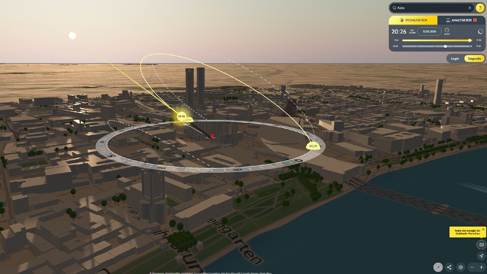 Gebäude können den Blick zur Sonnenfinsternis einschränken – wie in diesem Beispiel des Kölner Doms. Shadowmap hilft euch bei der Planung. (Bildquelle: GameStar Tech)