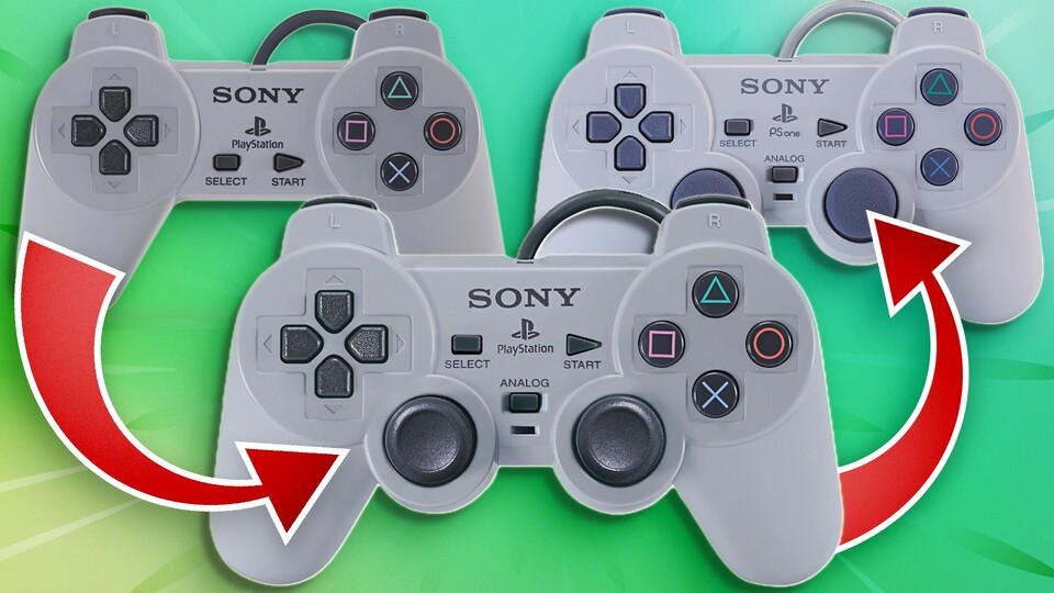 Hier zu sehen ist der erste PlayStation-Controller links oben, mittig unten der Dual Analog und rechts oben der DualShock. (Bildquelle: Sony)