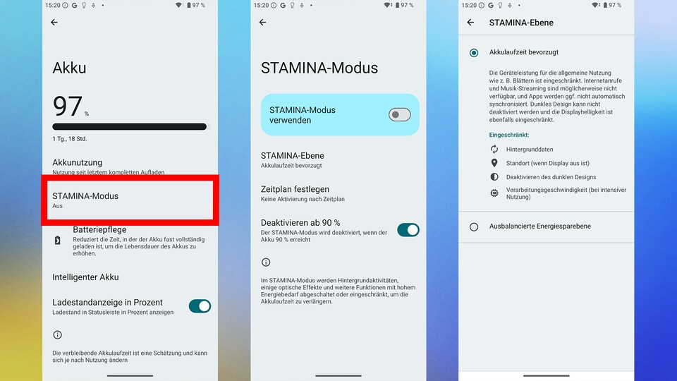 STAMINA ist Sonys eigener Energiesparmodus, den ihr nach Bedarf konfigurieren könnt. (Bildquelle: GameStar Tech)