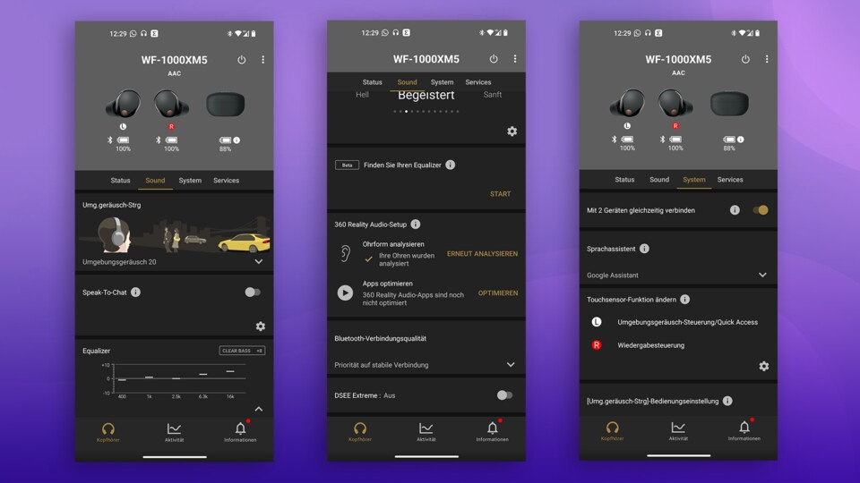 Die Sony Headphones-App ist übersichtlich aufgebaut und bietet eine Menge Einstellungen.