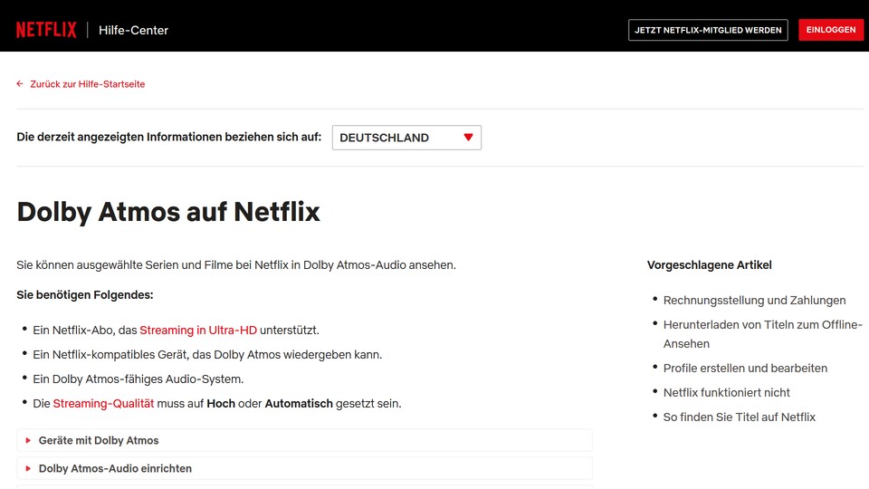 Nur wenn ihr das aktuell teuerste Netflix-Abo nutzt, könnt ihr Inhalte in Dolby Atmos wiedergeben.