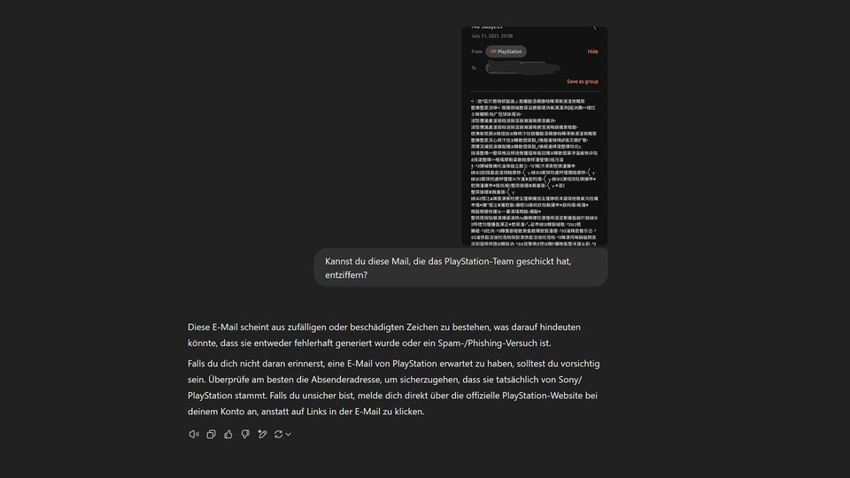 Auch ChatGPT konnte sich zunächst keinen Reim auf den Inhalt der Mail machen.