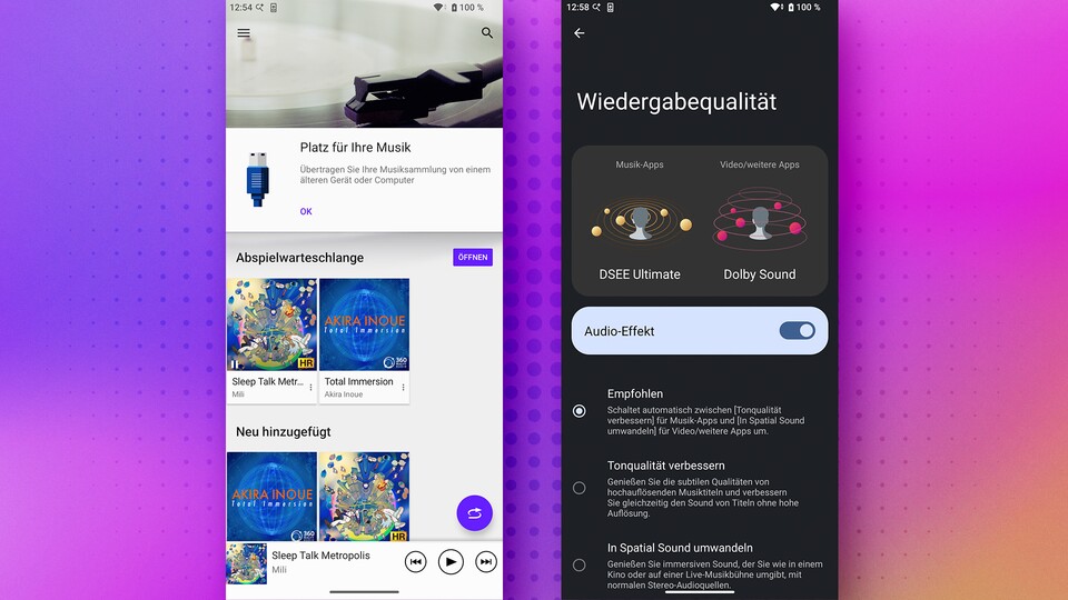 Das Sony Xperia 1 VIII hat weiterhin eine Musik-App für lokale Dateien an Bord. Die Software bietet zudem einige Funktionen wie die Verbesserung der Audioqualität über DSEE Ultimate oder die Umwandlung von Stereo in Spatial Sound. (Bildquelle: Marinus M., GameStar Tech)