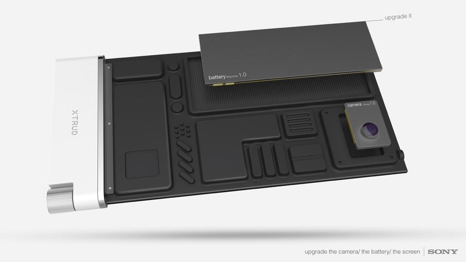 Das Sony XTRUD-Design zeigt ein Smartphone aus austauchbaren Komponenten.