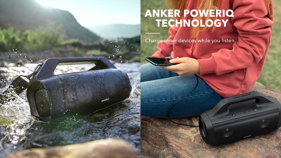 Die Soundcore Motion Boom ist nicht nur komplett wasserdicht, sie kann auch euer Handy aufladen.