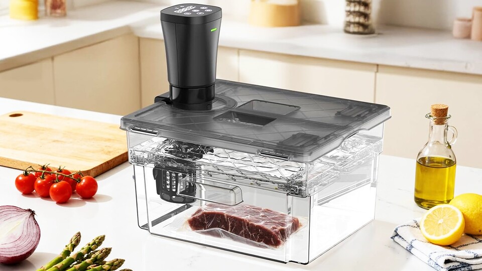 So sieht das Sous-Vide-Garen in der Praxis aus. Der Sous-Vide-Stick ist essenziell, aber statt der Box geht auch ein normaler Topf.