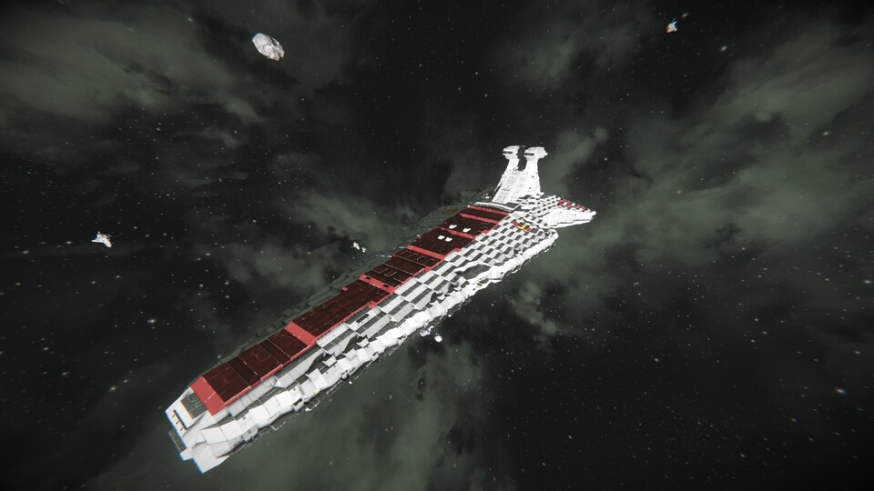 Dieser noch verhältnismäßig kompakte Venator-Sternenzerstörer aus dem Steam-Workshop zeigt, was man mit Geduld und Bautalent in Space Engineers erreichen kann.