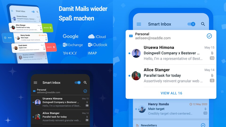 Spark unterstützt alle gängigen E-Mail-Anbieter und die Integration via IMAP.