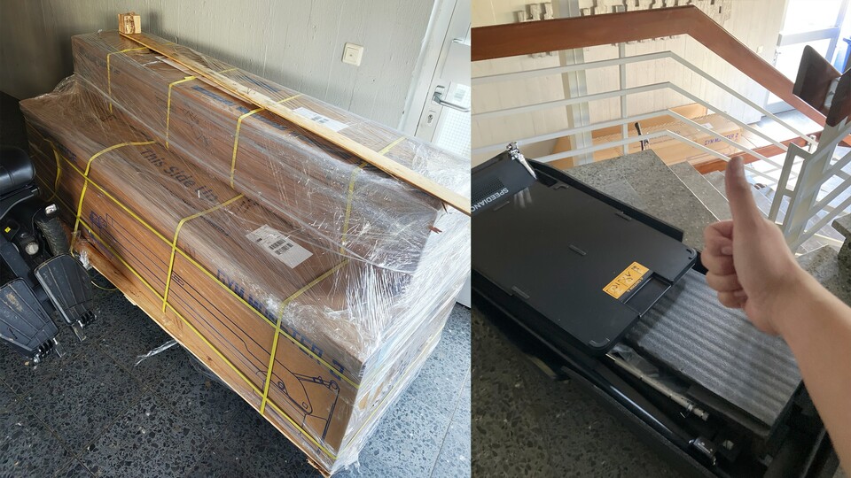 Mit dem Karton konnte ich es nicht die Treppen hochziehen, weil ich nirgendwo greifen konnte. Also habe ich es ausgepackt und die Polsterung als »Schlitten« verwendet. Dann habe ich das Gerät gepackt und die Treppen nach oben gezogen.